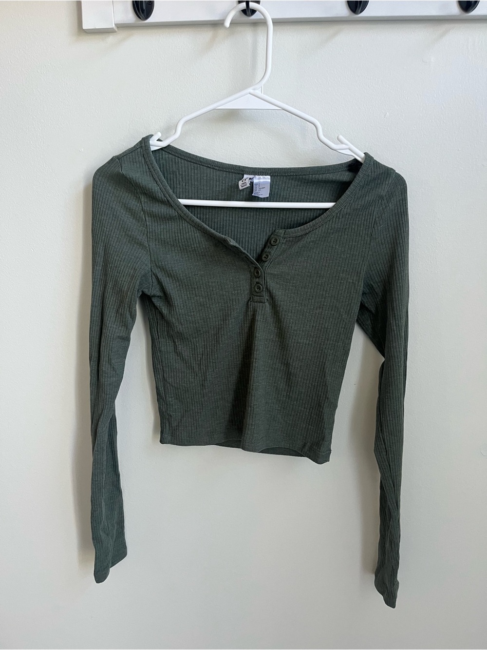 H&M Long Sleeve Ribbed Henley Crop Top - Olive Green